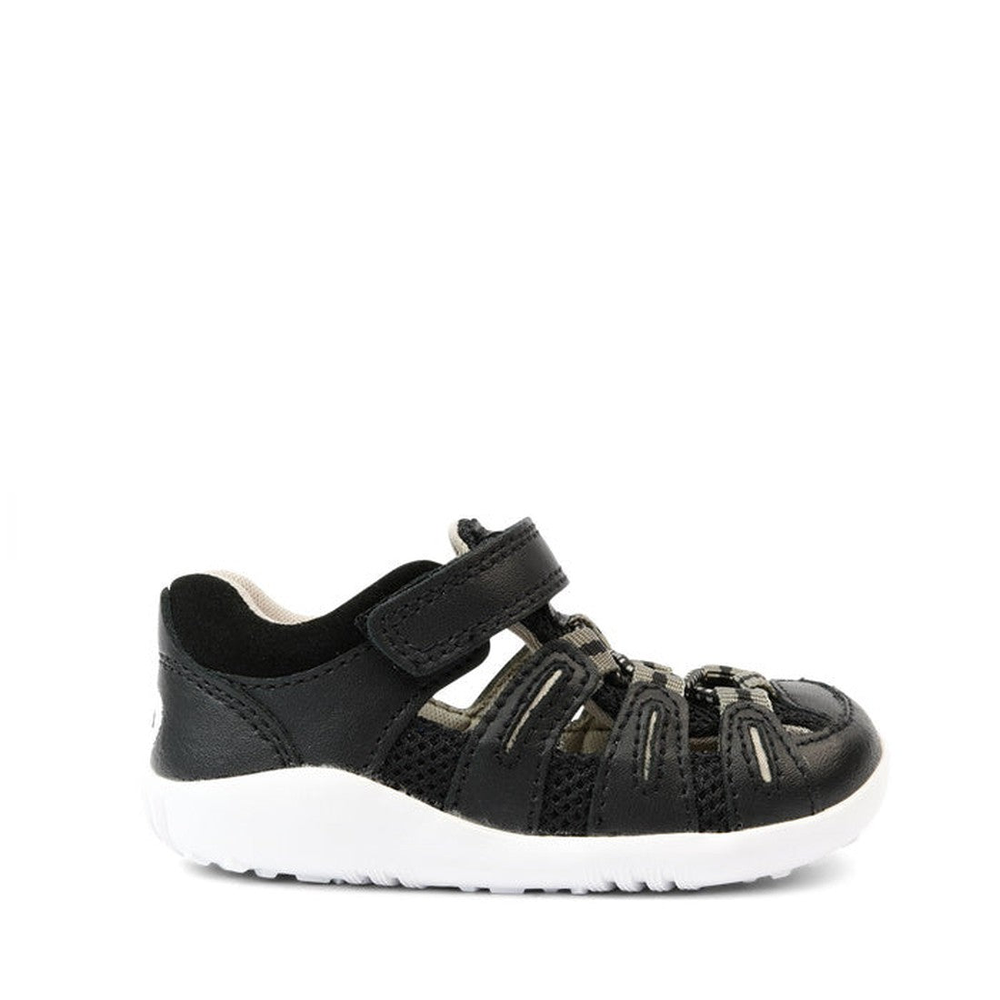 Bobux Step Up Summit Black Sandal—closed-toe, breathable, water-friendly leather, white sole, easy hook-and-loop strap for little feet.  ksnz, 9420062099988, 9420062099995, 9420068500006