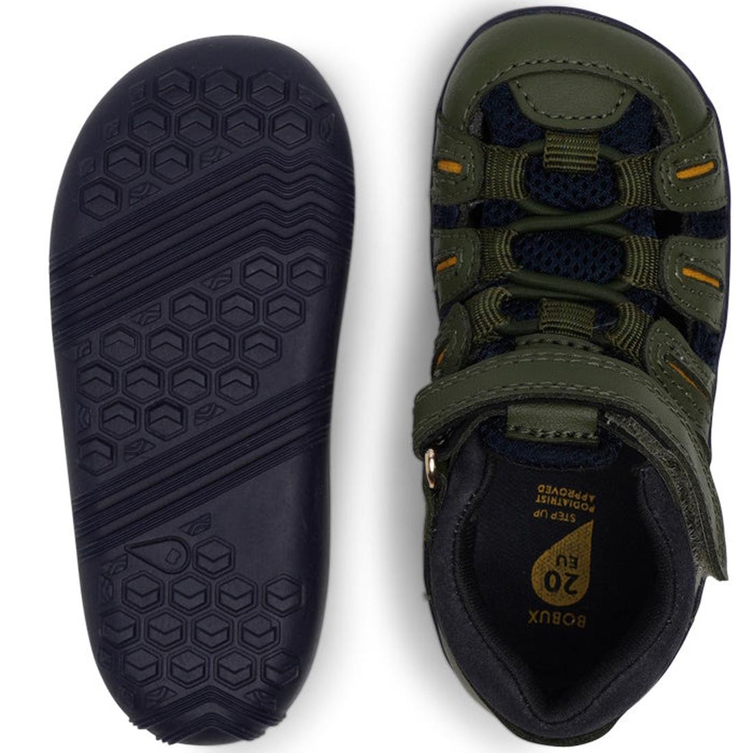 The Bobux Step Up Toddlers Summit Forest Green Navy Sandal 731610 is shown from above and below, with dark green straps, black mesh fabric, a flexible dark blue sole featuring a hexagonal tread, and visible Size 20 EU inside., 9420071320165, 9420071320172