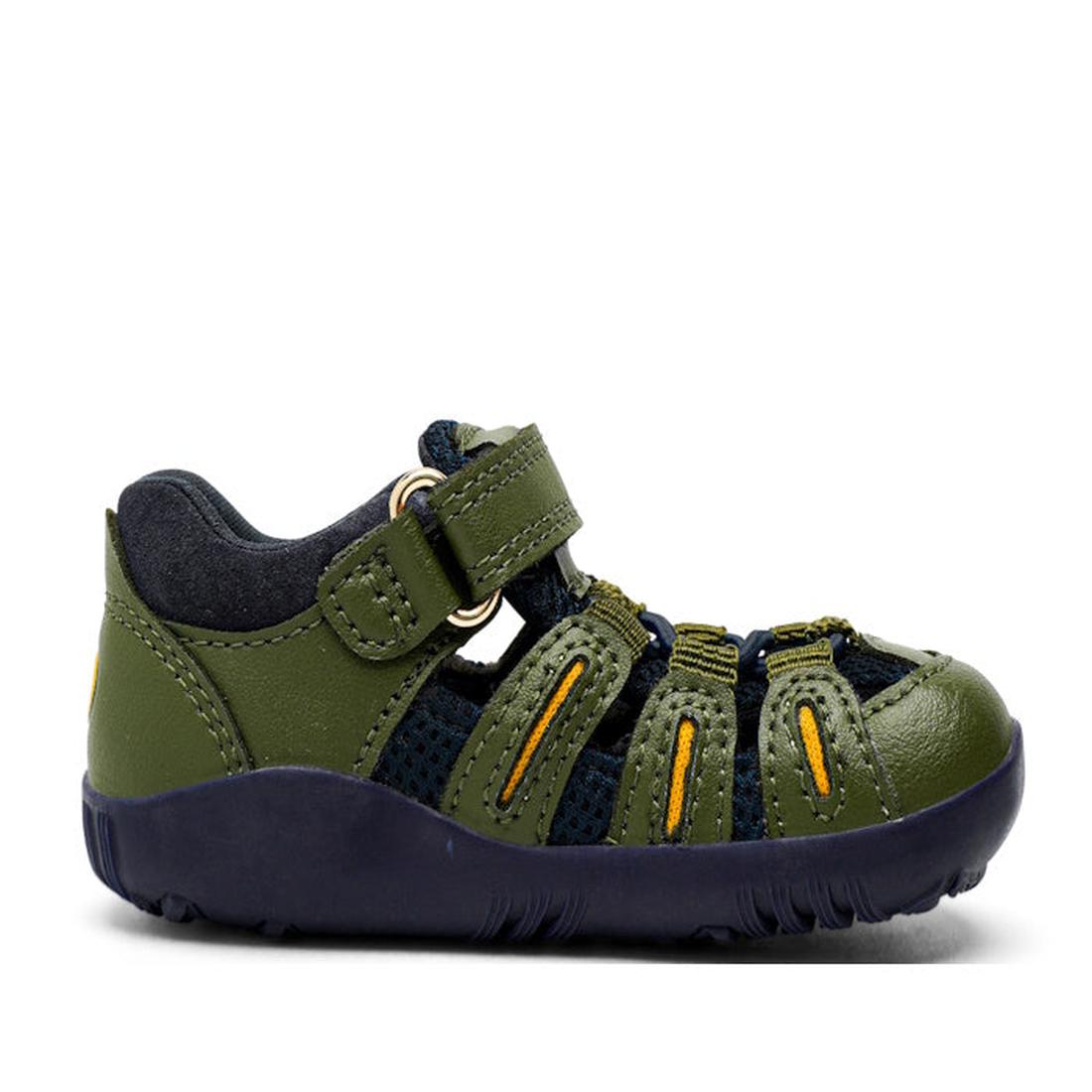 The Bobux Step Up Toddlers Summit Forest Green Navy Sandal 731610 features a Velcro strap, yellow accents, flexible rubber sole, breathable leather with cutouts, stitching details, and is water-friendly., 9420071320165, 9420071320172, 9420071320189, 94200