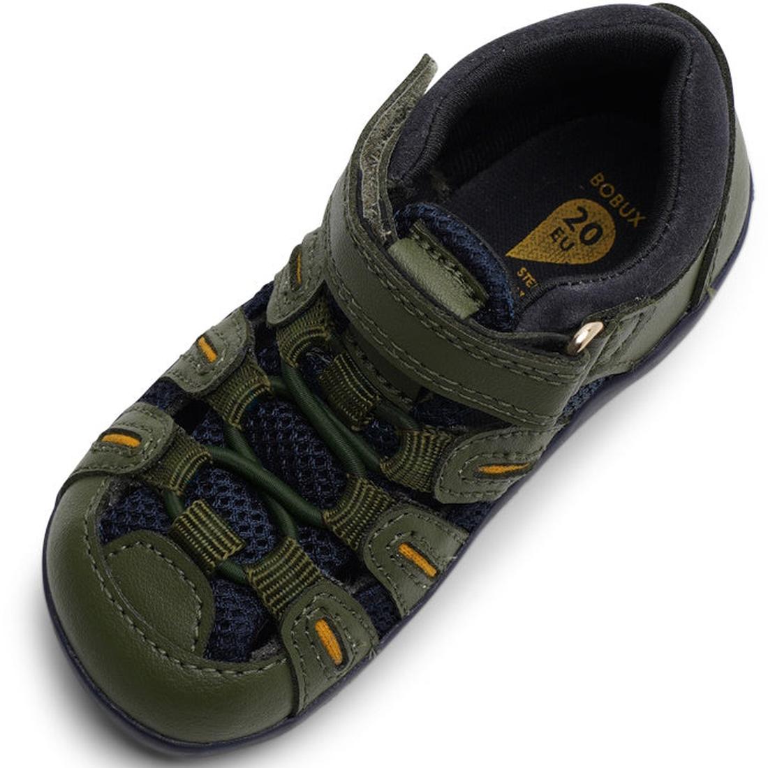 The Bobux Step Up Toddlers Summit Forest Green Navy Sandal 731610 is a green and black toddler adventure shoe with Velcro strap, mesh fabric, yellow accents, water-friendly leather, and size 20 EU insole, viewed from above., 9420071320165, 9420071320172, 