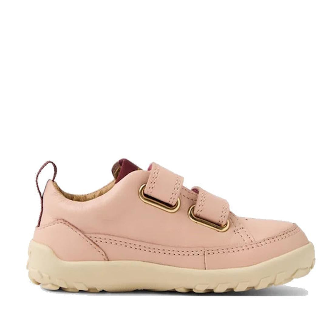 The Bobux SU Step Up Dawn Leather Boot in Cameo Rose Pink Alpha is a light pink first walkers sneaker with two Velcro straps, gold eyelets, a beige rubber sole, and a back pull tab, shown side profile on a white background., 9420068578821, 9420068578838, 