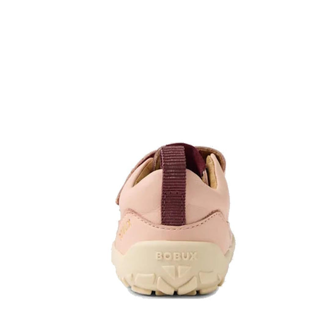 A rear view of the Bobux SU Step Up Dawn Leather Boot in Cameo Rose Pink Alpha, featuring pink and beige leather, BOBUX embossed on the heel, and a maroon pull tab, shown against a white background., 9420068578821, 9420068578838, 9420068578845