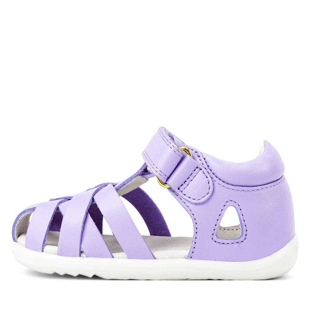 The Bobux Step Up Tropicana II Lilac Toddler Girls Sandal 732315 Quick Dry is a small sandal with multiple straps, closed heel, ankle support, hook-and-loop strap, open toe, white sole, and quick-dry leather for comfort., 9420071314096, 9420071314102, 942