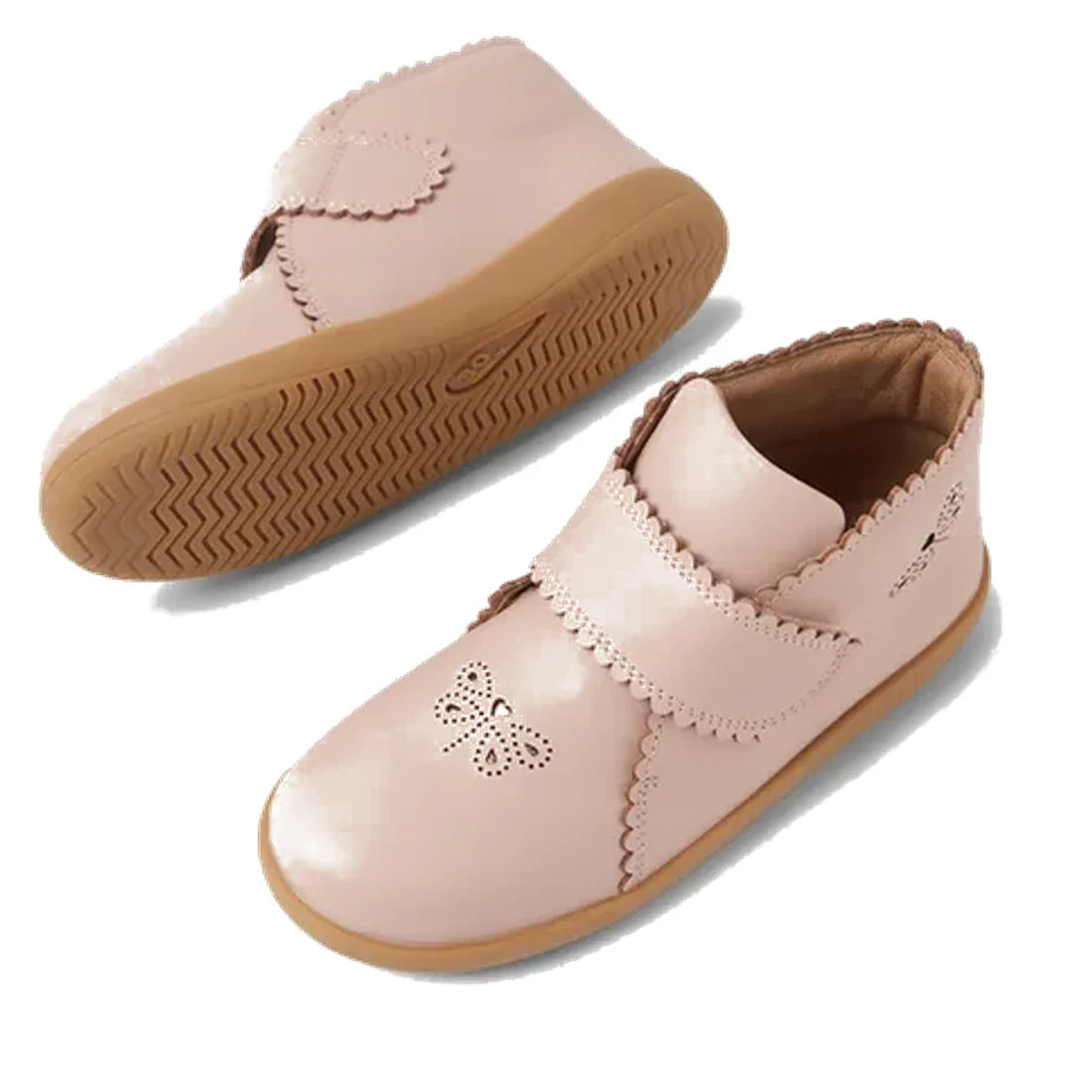 The Bobux Step Up Willow First Walker Boot in Cameo Rose Pink features light pink leather, scalloped edges, a butterfly cutout on the toe, and an adjustable hook-and-loop strap—perfect for toddlers. Shown on a white background., 51154, 9420068544833, 9420