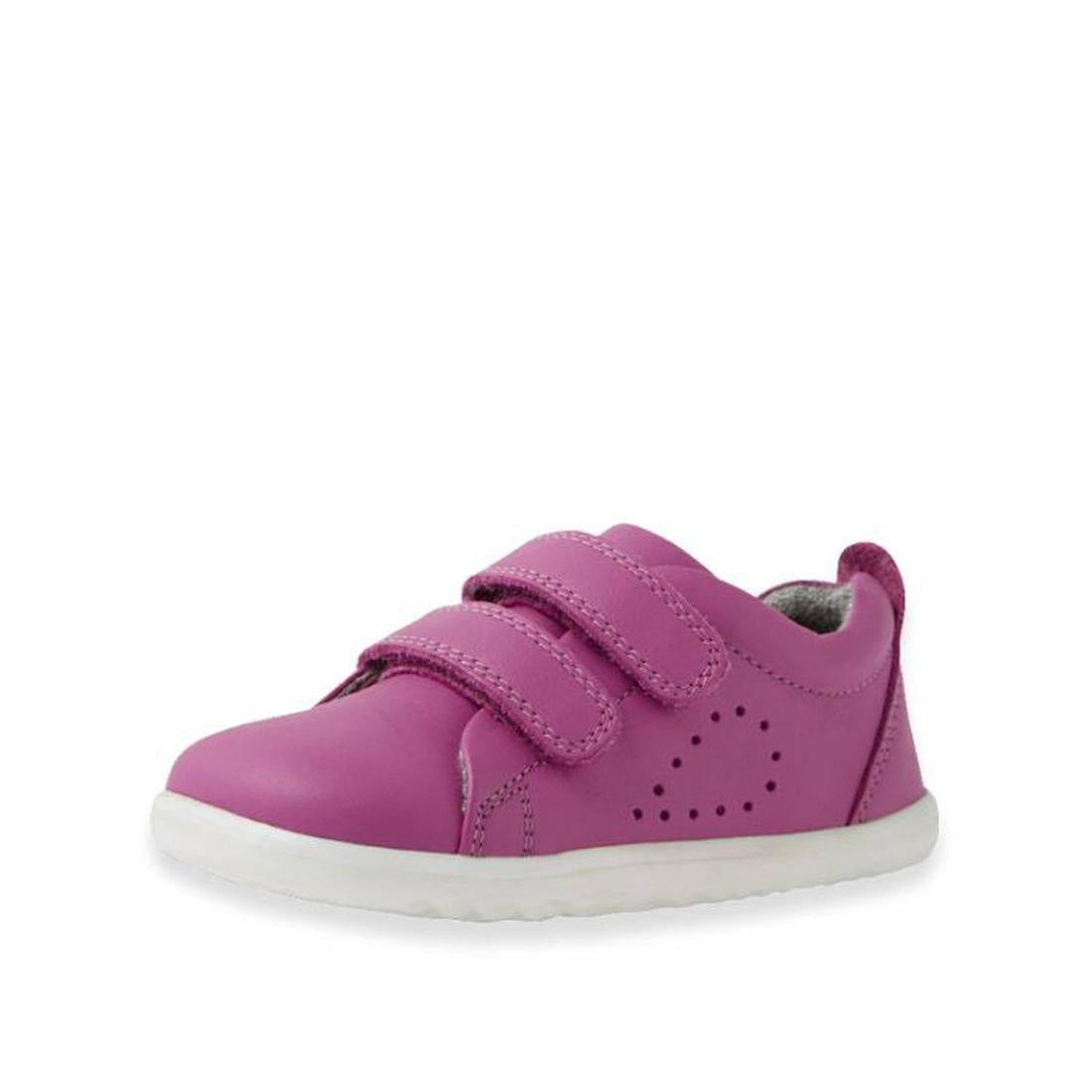 A single Bobux Step Up Grass Court Trainer in Cattleya Orchid Purple with two Velcro straps, small side perforations, and a white rubber sole—ideal first walker shoes., 9420074806499, 9420074806505, 9420074806512, 9420074806529