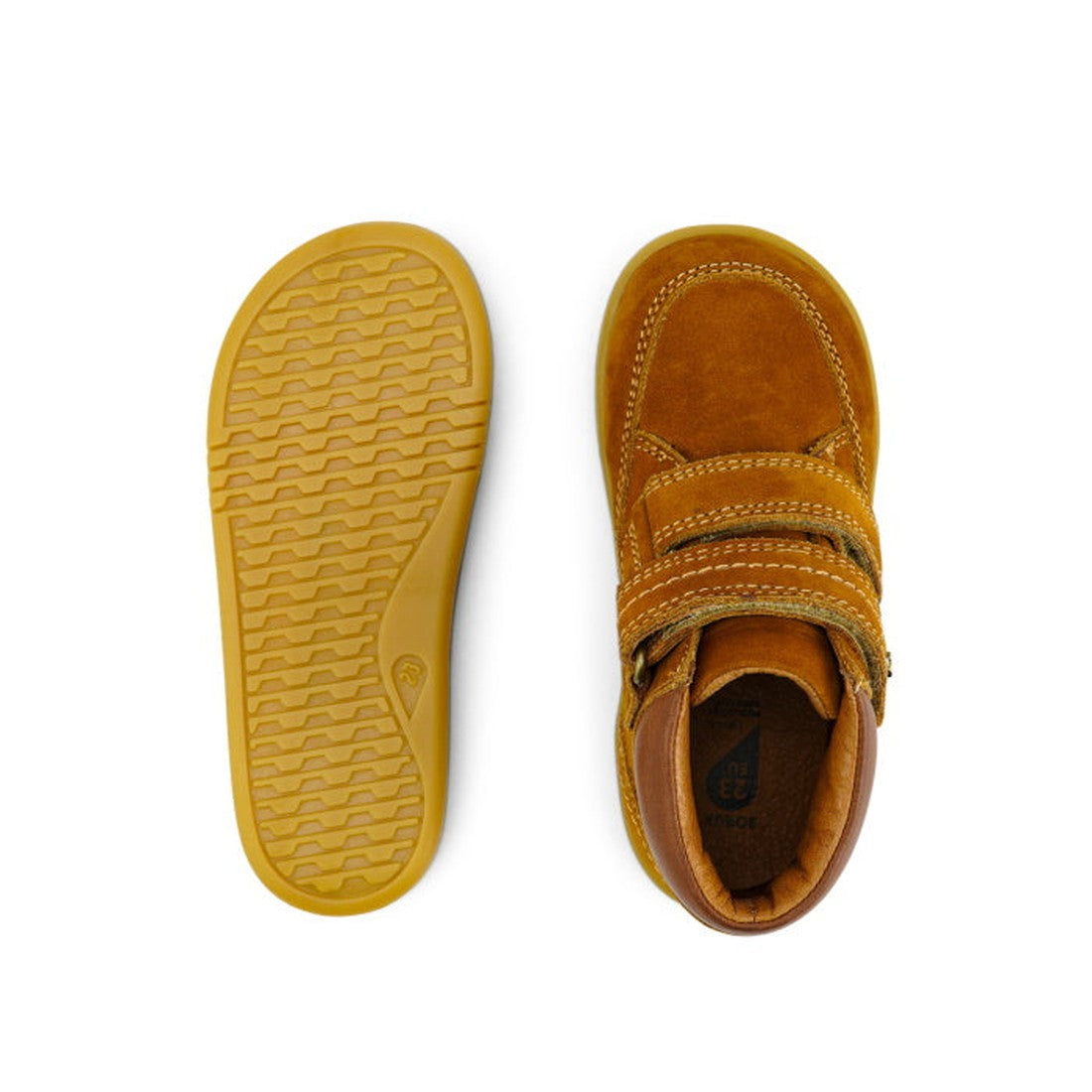 The Bobux Iwalk Timber Mustard Leather Boot (632618) features nubuck leather, velcro straps, and rubber soles—one shoe shown from the top, the other displaying a wavy tread pattern. Perfect for everyday adventures., 9420068529175, 9420068529182, 942006852