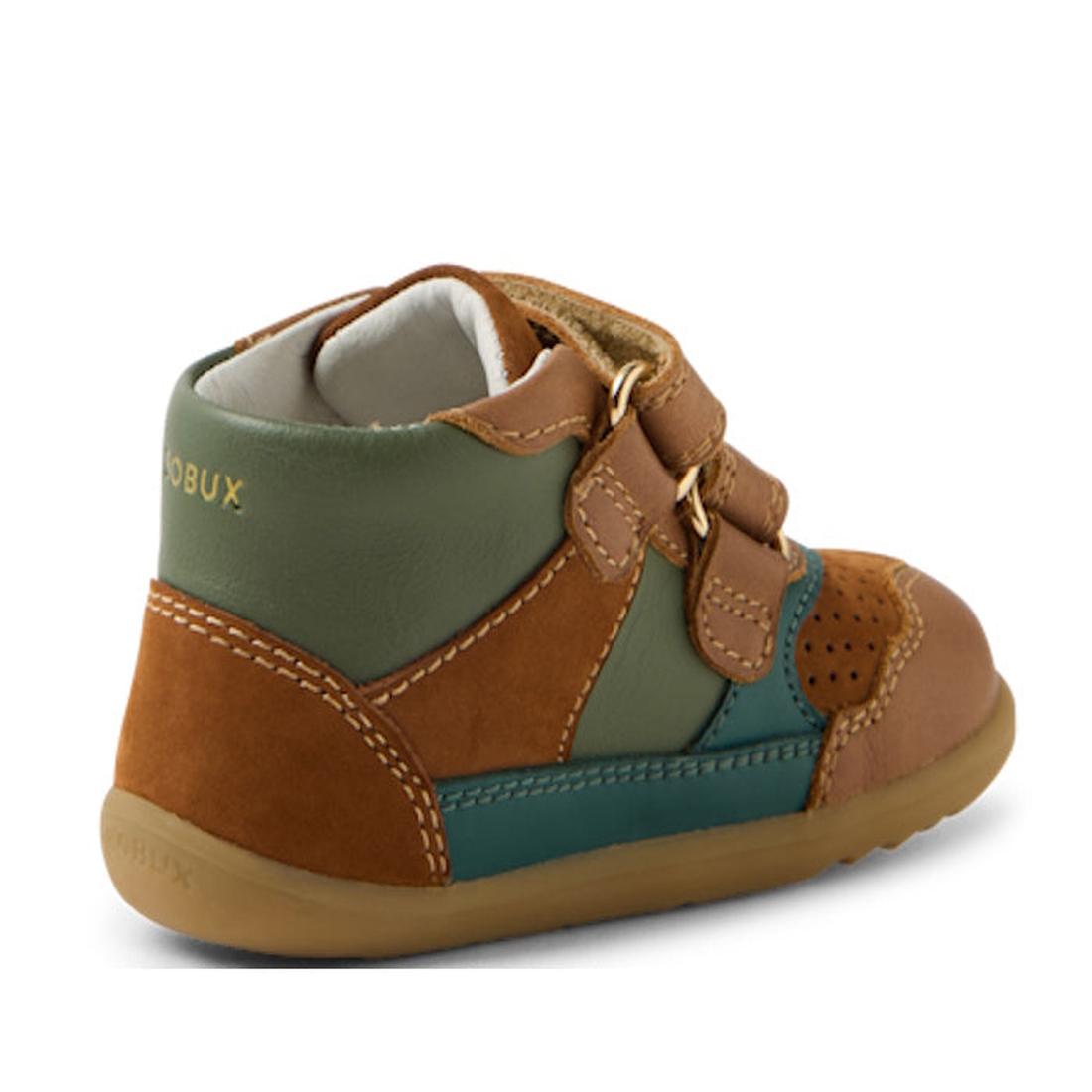 The Bobux SU Harley First Walker Leather Boots Tan are toddler shoes with brown, green, and teal panels, two Velcro straps, a soft flexible sole, and the BOBUX brand stamped in gold on the heel., 9420074833266, 9420074833273, 9420074833280, 9420074833297