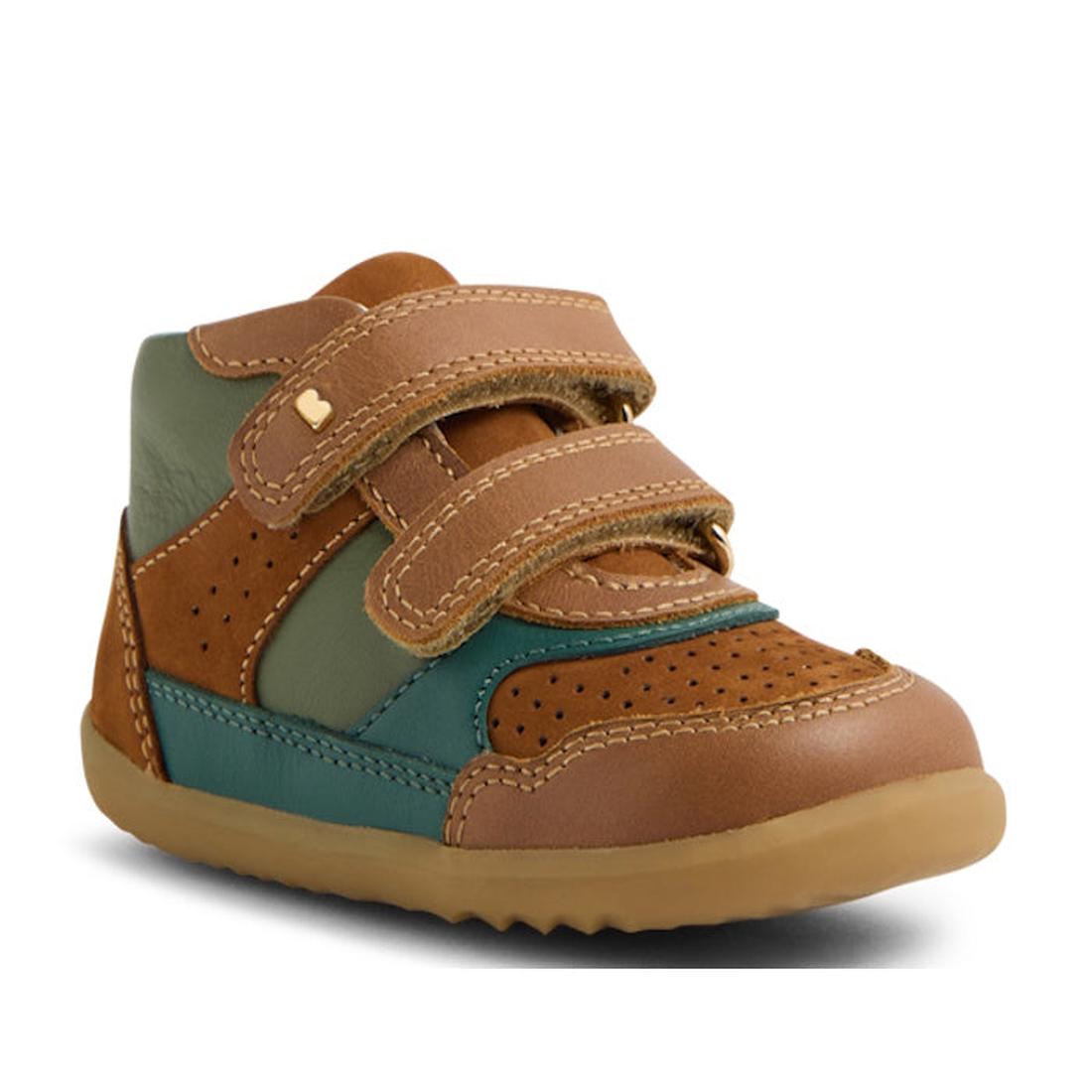 The Bobux IW Iwalk Harley Toddlers Leather Boots in Tan feature brown, green, and teal leather panels, perforated details, two adjustable strap closures, and a tan rubber sole—ideal for stylish toddlers on the move., 9420074833464, 9420074833471, 94200748