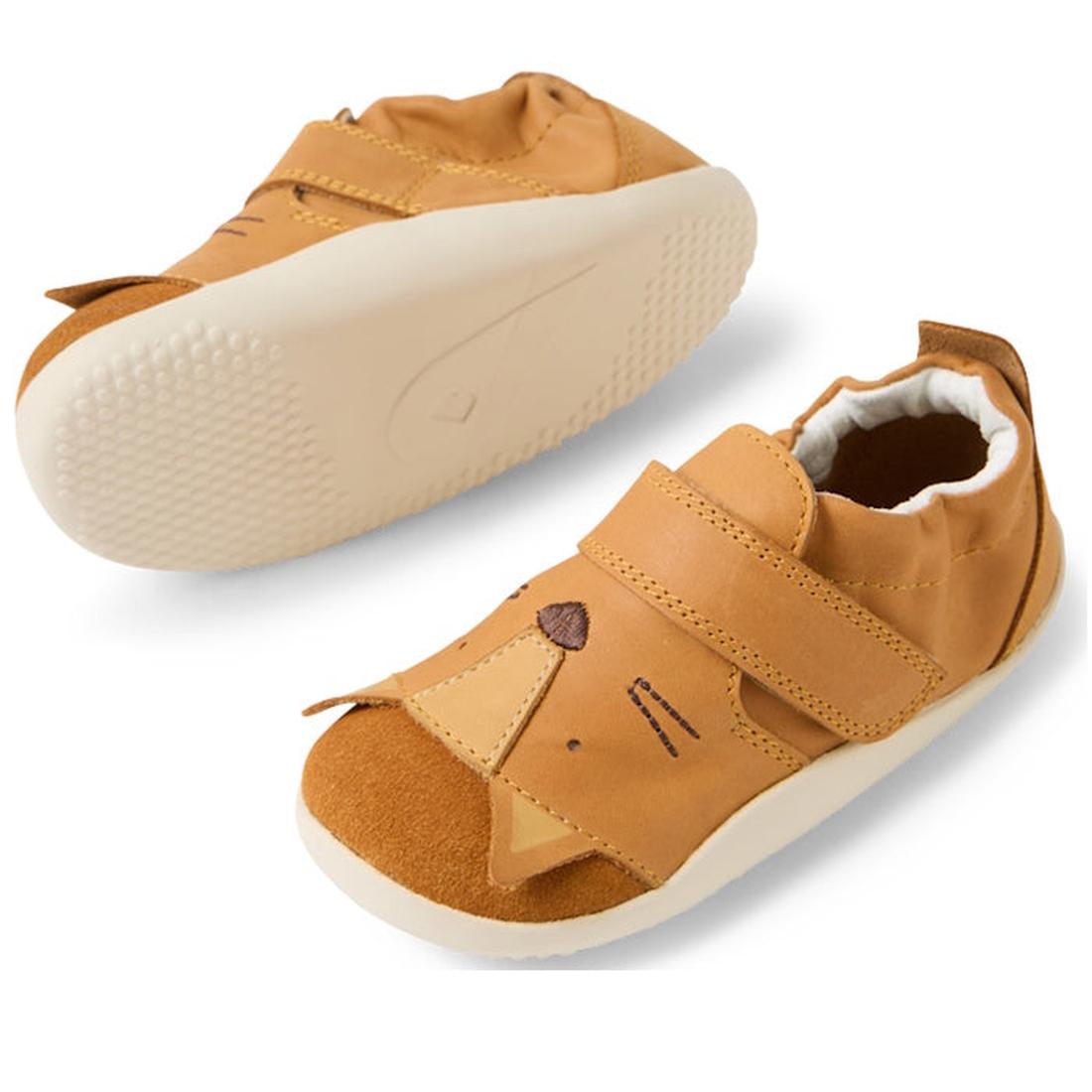The Bobux XP Xplorer Rummage First Walking Shoes in Pumpkin Spice Orange feature cat face designs with stitched whiskers, flexible EVA soles, and Velcro straps—perfect pre-walker shoes for toddlers., 9420074805904, 9420074805911, 9420074805928, 9420074805