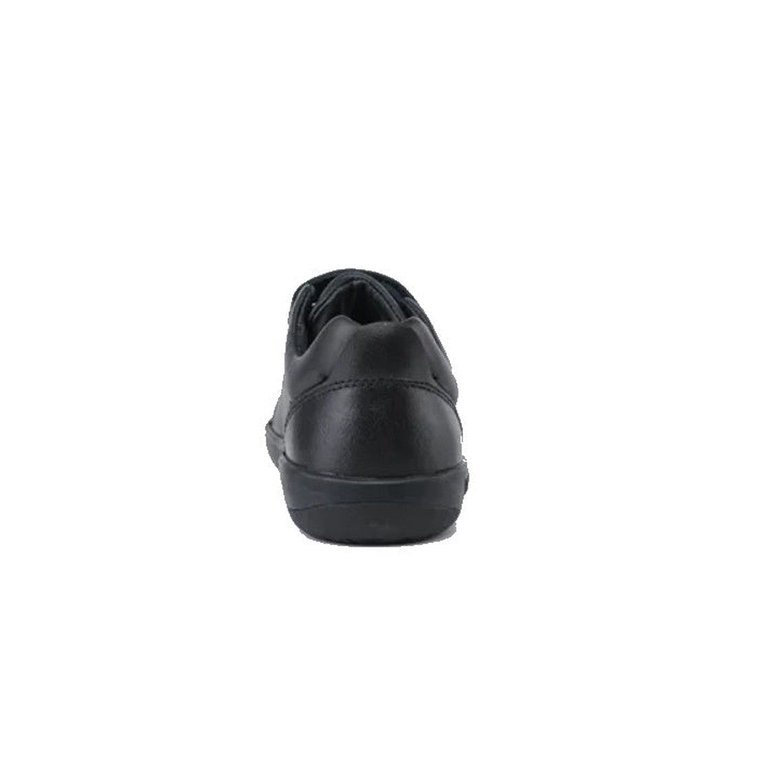 The Bobux Kid+ Black School Leather Shoe Venture Trainer is shown from the back, centered on a plain white background, and features a non-marking rubber sole., 9420068510289, 9420068510296, 9420068510302, 9420068510319, 9420068510326, 9420068510333, 94200