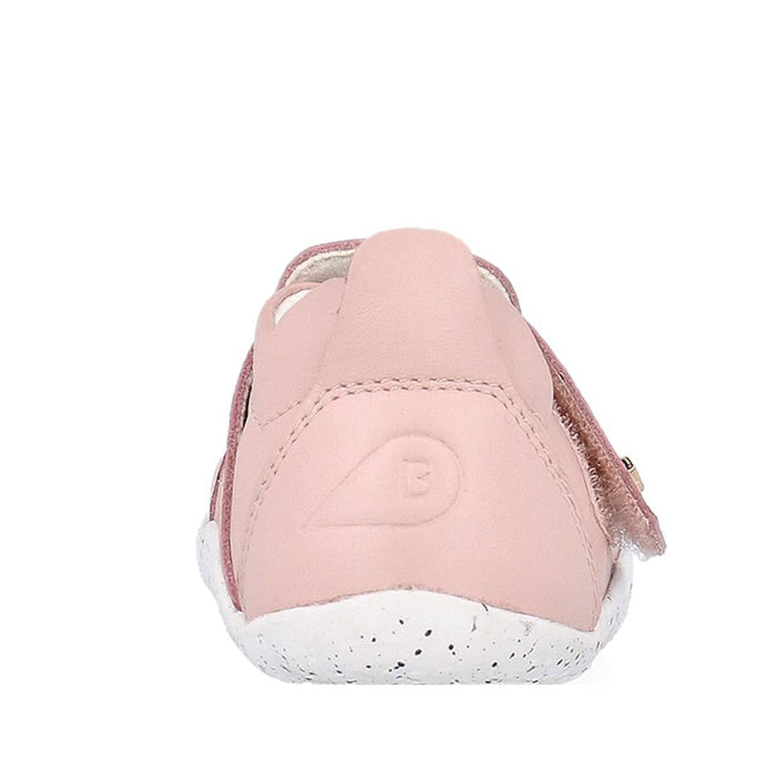 Rear view of the Bobux XP Explorer Beau First Walker Sandal Blossom Pink 502305, showing its white speckled flexible sole, teardrop-shaped embossed B logo on the back, and a visible side strap. Perfect for toddlers learning to walk., 9420075785915, 942007