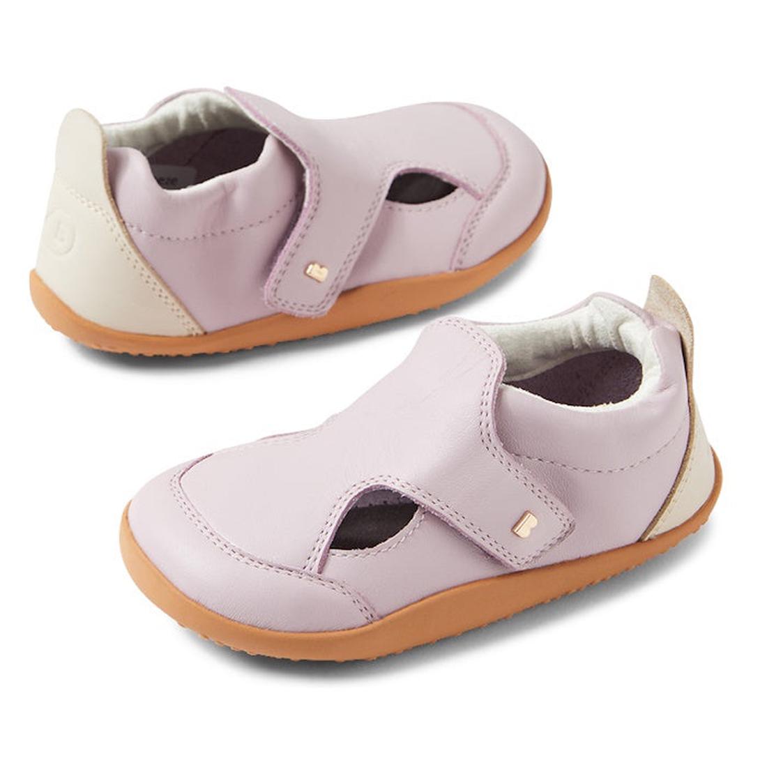 Bobux XP Explorer Breeze First Walker Sandal in Keep Sake Lavender, flexible sole, comfy cream heel, easy cutout top on white.  ksnz