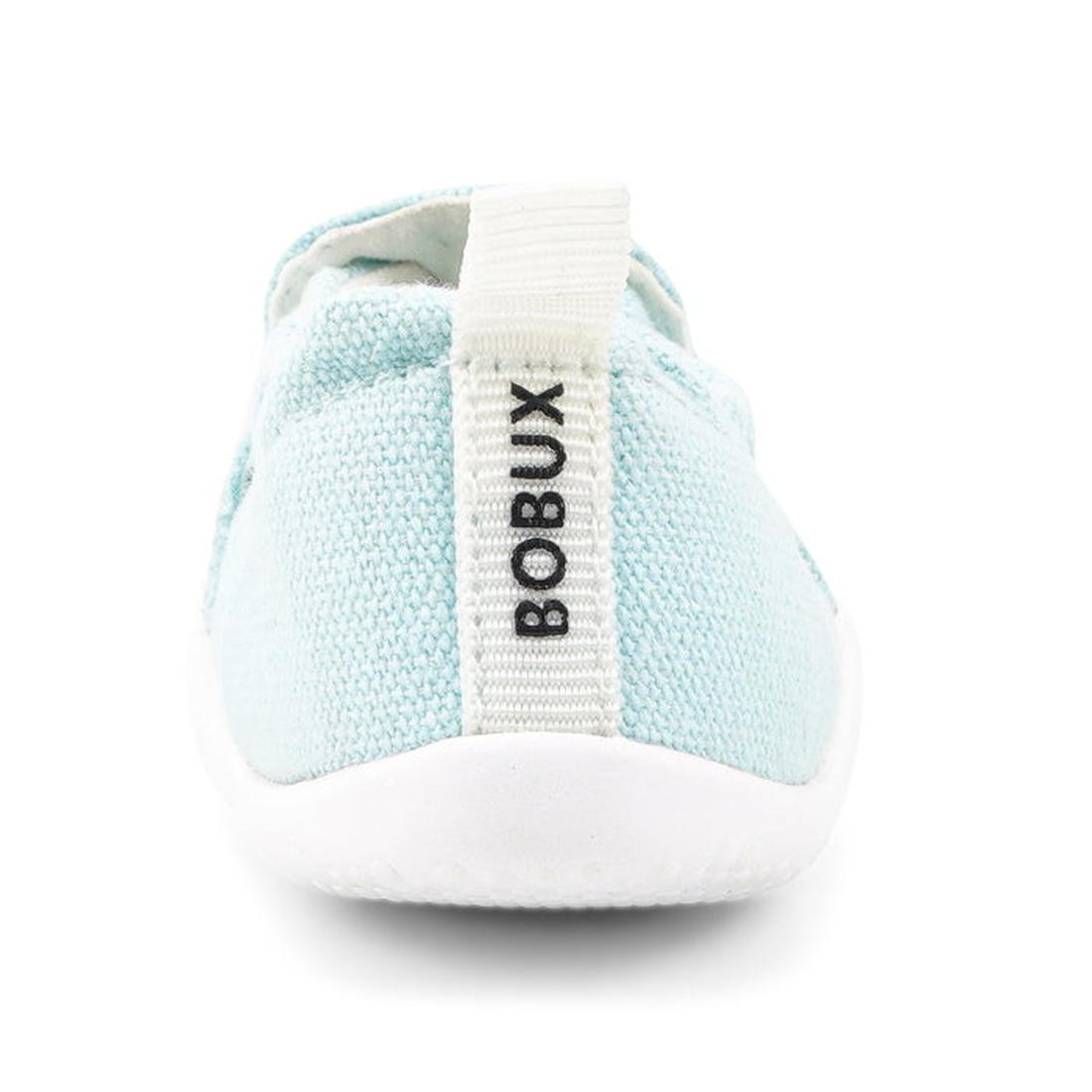 Aqua Silver Rainbow baby canvas shoe, Bobux Xplorer Scamp Crawler 501709, shown from the back with a white pull tab branded "BOBUX" in black and a flexible sole—ideal for little explorers., 9420068534384, 9420068534391, 9420068534407, 9420068534414