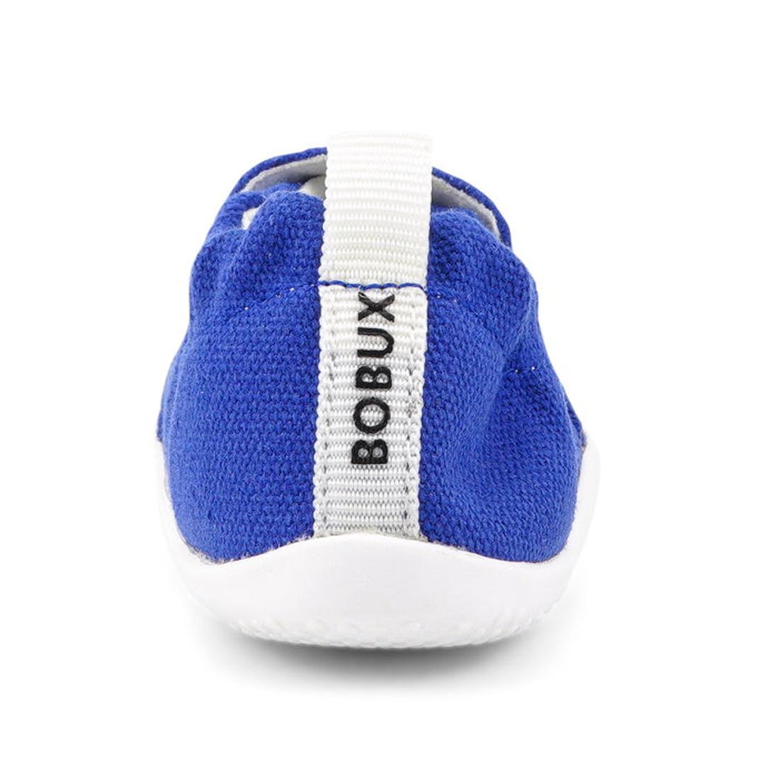 The Bobux Xplorer Scamp Crawler Blueberry Red Rainbow 501711 Canvas baby shoe, shown from the back, has a white BOBUX pull tab and flexible white sole—ideal as first walking shoes., 9420068534483, 9420068534490, 9420068534506, 9420068534513