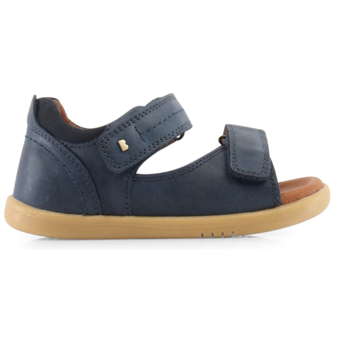 The Bobux IW Iwalk Driftwood Sandal Navy Open Toe 633601A is a navy leather kids' summer sandal with a tan rubber sole and two adjustable straps—over the toes and around the ankle—for perfect warm-weather comfort., 9420062048023, 9420062048030, 9420062048
