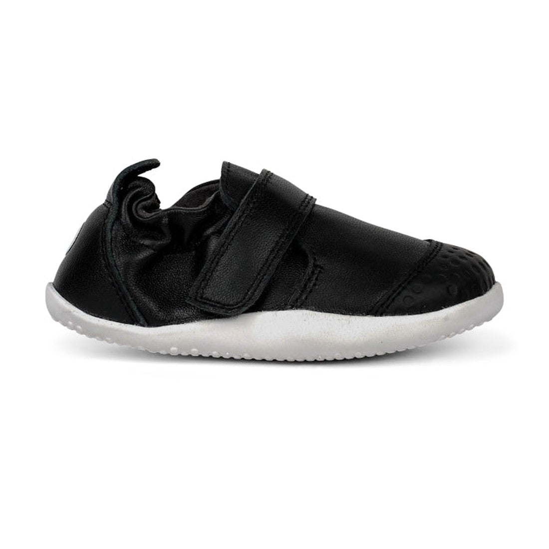 The Bobux Explorer Go Black/White 501001B is a premium soft black leather baby shoe with a white rubber sole, rounded toe, and Velcro strap—ideal flexible footwear for your little one's first steps., 9420062079706, 9420062079713, 9420062079720, 9420062079