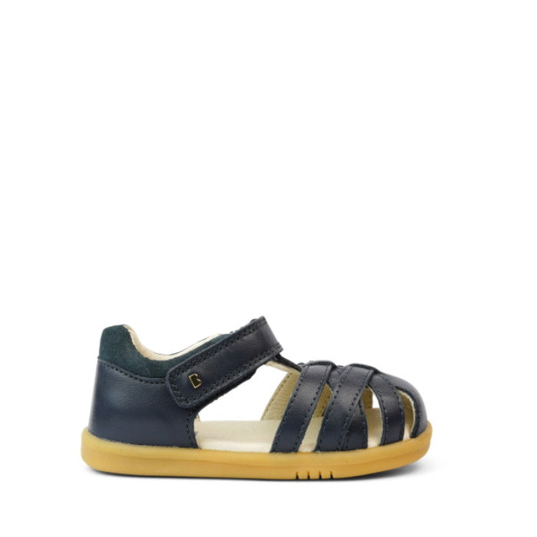 The Bobux iwalk Cross Jump Sandal Navy Closed Toe 636703 is a kids’ sandal with multiple front straps for ventilation, a closed heel and toe, yellow sole, and Velcro strap for comfort., 9420062083604, 9420062083611, 9420062083628, 9420062083635, 942006208