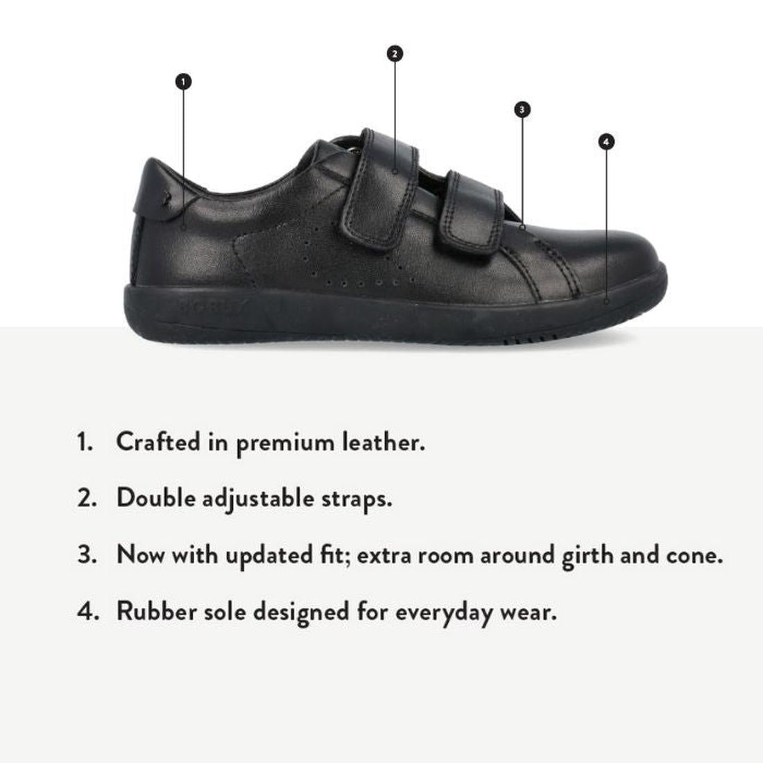 The Bobux Kid+ Bound Black Leather School Sneaker Shoe features two adjustable straps, perforated sides, premium leather, extra room for fit, and a durable rubber sole—combining sporty sneaker style with comfort for daily use., 41474, 9420075762435, 94200