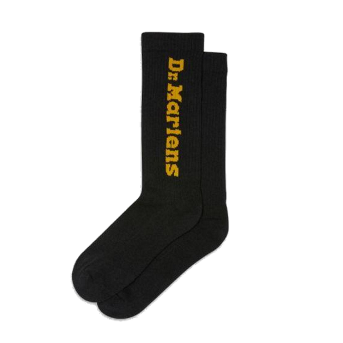 Dr Martens Socks Vertical Logo Unisex Black Yellow—soft black crew socks with a bright yellow Dr. Martens logo, perfect for active kids.  ksnz
