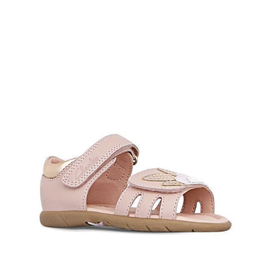 Clarks Saskia Toddlers Pink Leather Sandal—soft leather, Velcro closure, butterfly detail, airy cutouts, flexible tan sole.  ksnz