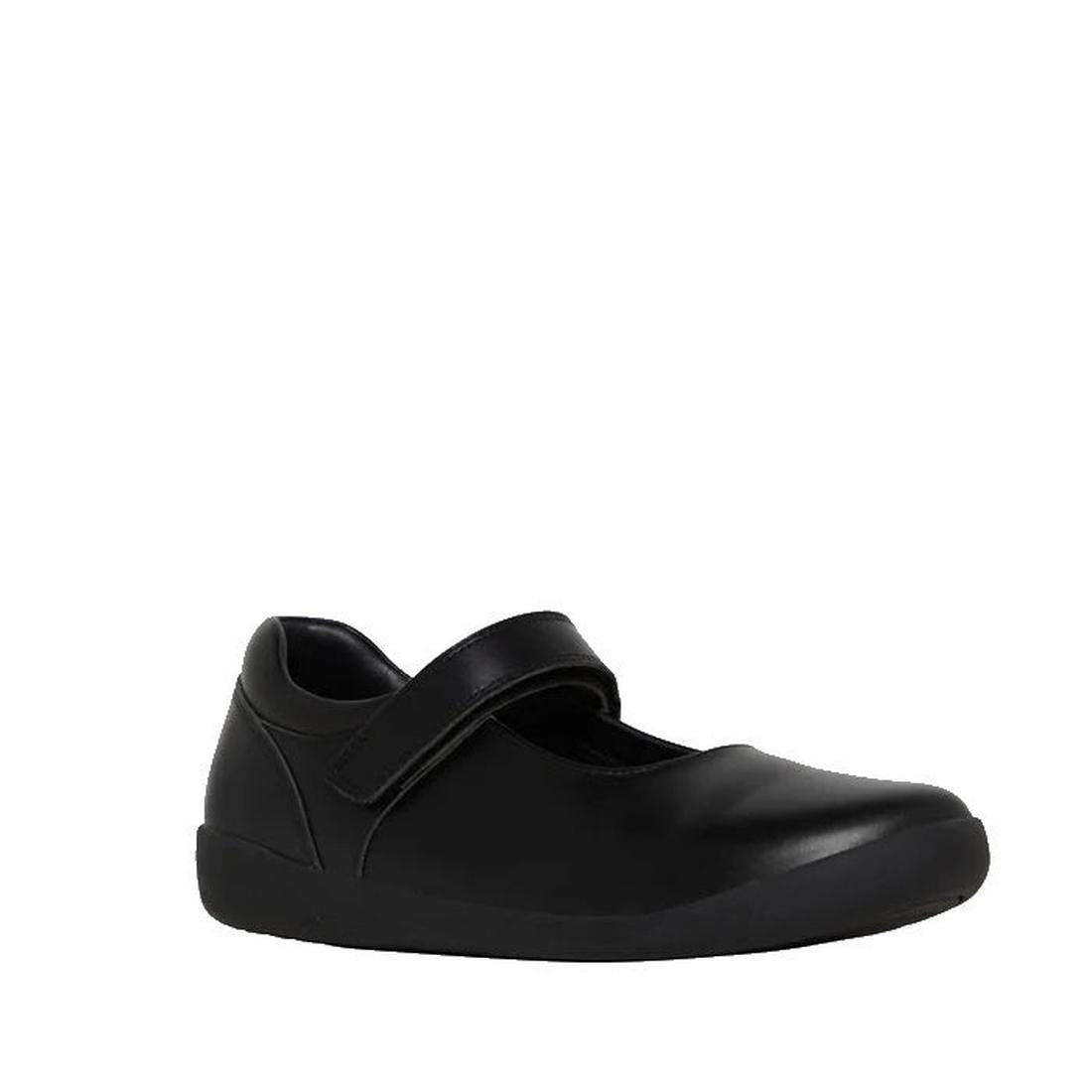 The Clarks Bethany Velcro Leather School Shoes, Mary Jane style in senior sizes, feature a black leather upper, rounded toe, low heel, self-fastening strap, and comfortable memory foam footbed against a plain white background.