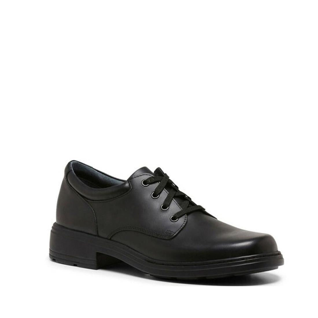 The Clarks Infinity Senior C black leather lace-up shoe features a rounded toe, low heel, and narrow fit—displayed on a white background. Orthotic friendly and ideal as a comfortable school shoe.