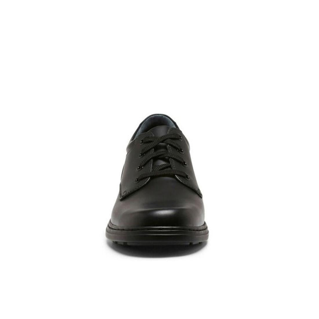 The Clarks Infinity Senior F - Wide width is a premium black leather school shoe, shown front-facing on a white background. Its wide fit and rounded toe offer orthotic-friendly comfort, while black laces provide classic style., 9336078387288, 18800, 93360
