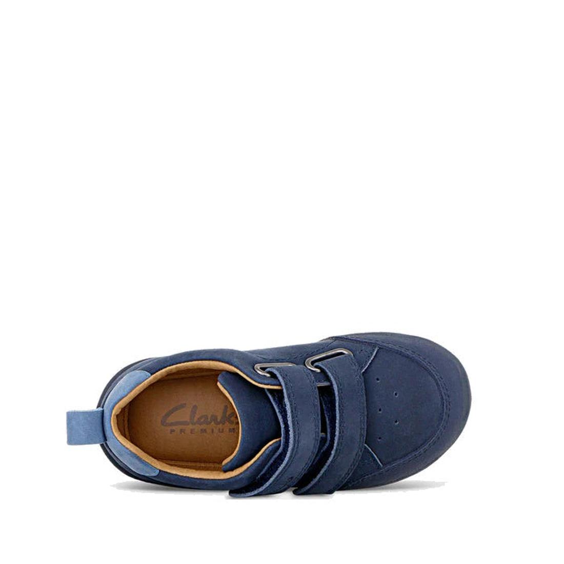 A top view of the Clarks Toddlers Melvin Leather Sneaker Shoe in navy (D narrow width) features two self-fastening straps, padded collar, tan lining, and "Clarks PREMIUM" on the insole. Displayed on a white background., 36283, 9336078978462, 9336078978486
