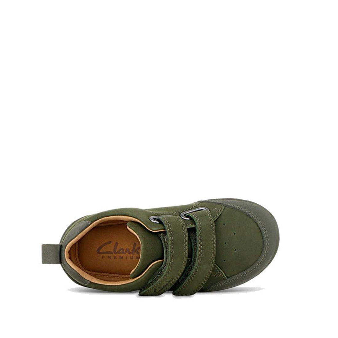 A top view of the Clarks Toddlers Melvin Leather Sneaker Shoe in olive green (D narrow width) shows a single kids' shoe with two Velcro straps, a rounded toe, brown lining, padded collar, and Clarks Premium-branded insole on a white background., 36278, 93