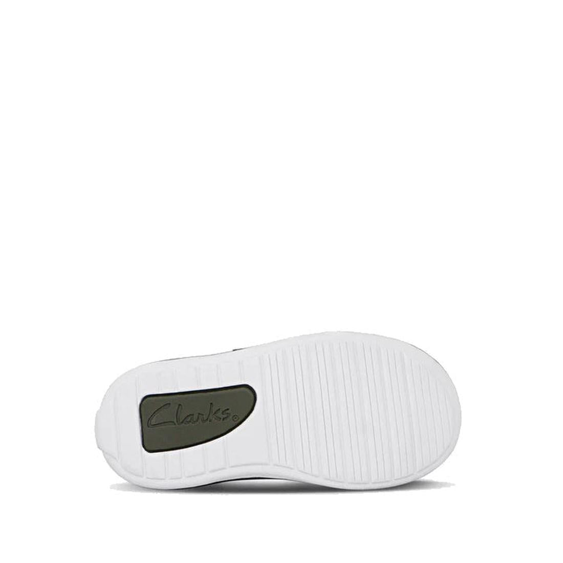 The image shows the sole of the Clarks Toddlers Melvin Leather Sneaker Shoe Olive D Narrow Width, featuring a white, textured bottom with horizontal grooves and a small inset section embossed with the Clarks logo., 36278, 9336078979483, 9336078979506, 933