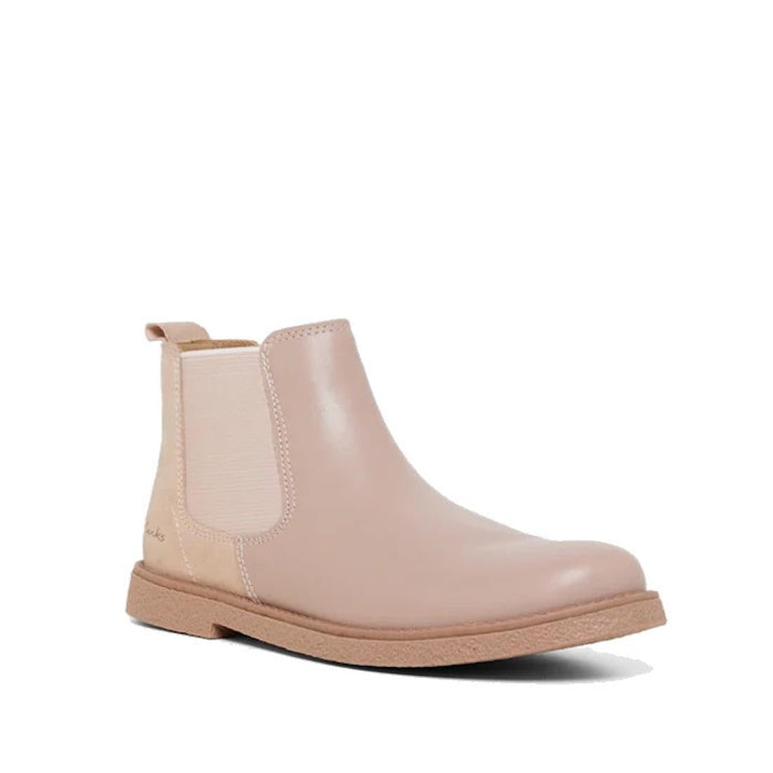 Clarks Kids Chelsea II Youths Leather Boot in Rose Pink, with soft leather, easy pull-on side panels, and a sturdy tan rubber sole.  ksnz