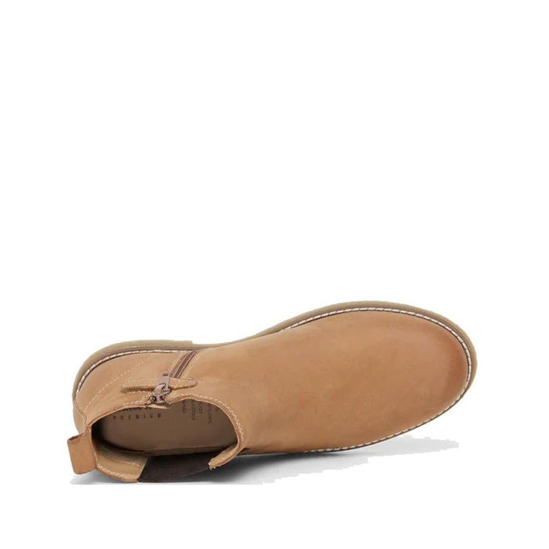 The Clarks Kids Chelsea II Youths Leather Boot in tan waxy leather shown from above, features a rounded toe, elastic side panel, genuine leather upper, and visible sole stitching., 9336078265111, 9336078265135, 9336078265159, 9336078265173, 9336078265197,