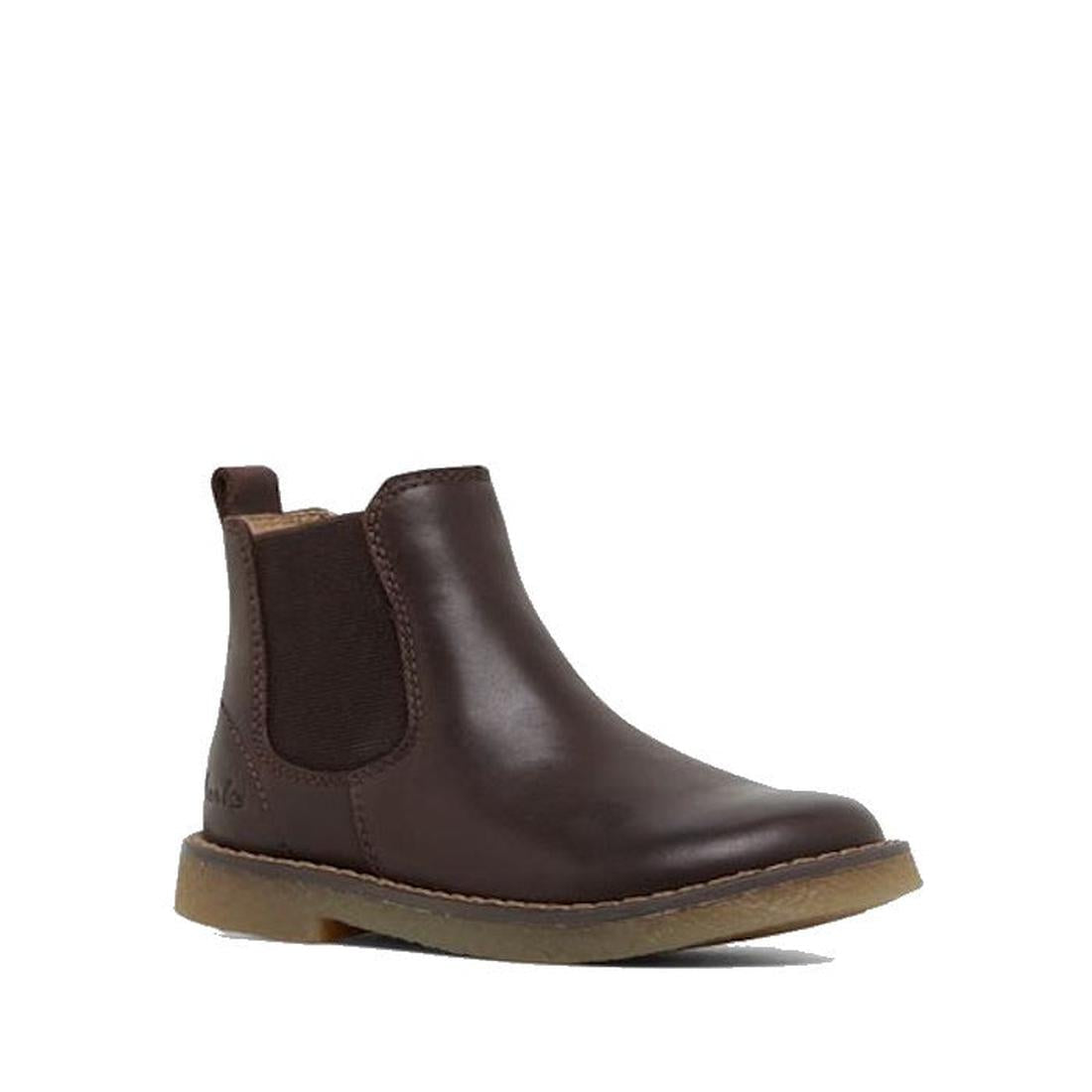 The Clarks Chelsea II Jnr Toddlers Leather Boot in Dark Brown is a genuine leather boot with elastic side panels, a back pull tab, and a flat light brown rubber sole featuring Puddle Proof technology, shown on a white background.