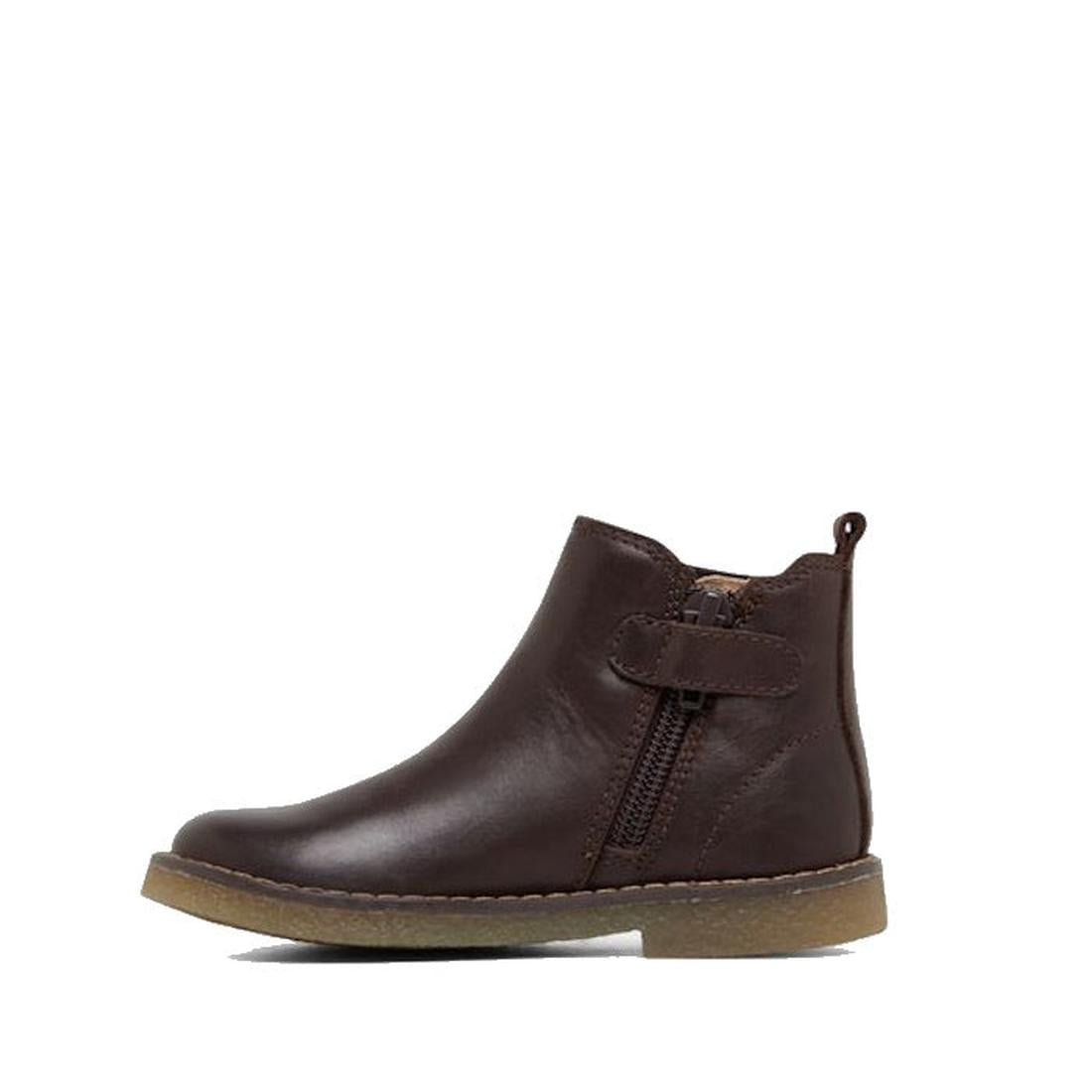 The Clarks Chelsea II Jnr Toddlers Leather Boot in dark brown features ankle-high genuine leather, a side zipper, pull tab at the heel, and a flat light brown rubber sole. Displayed on a white background., 9336078965349, 9336078965356, 9336078965363, 9336
