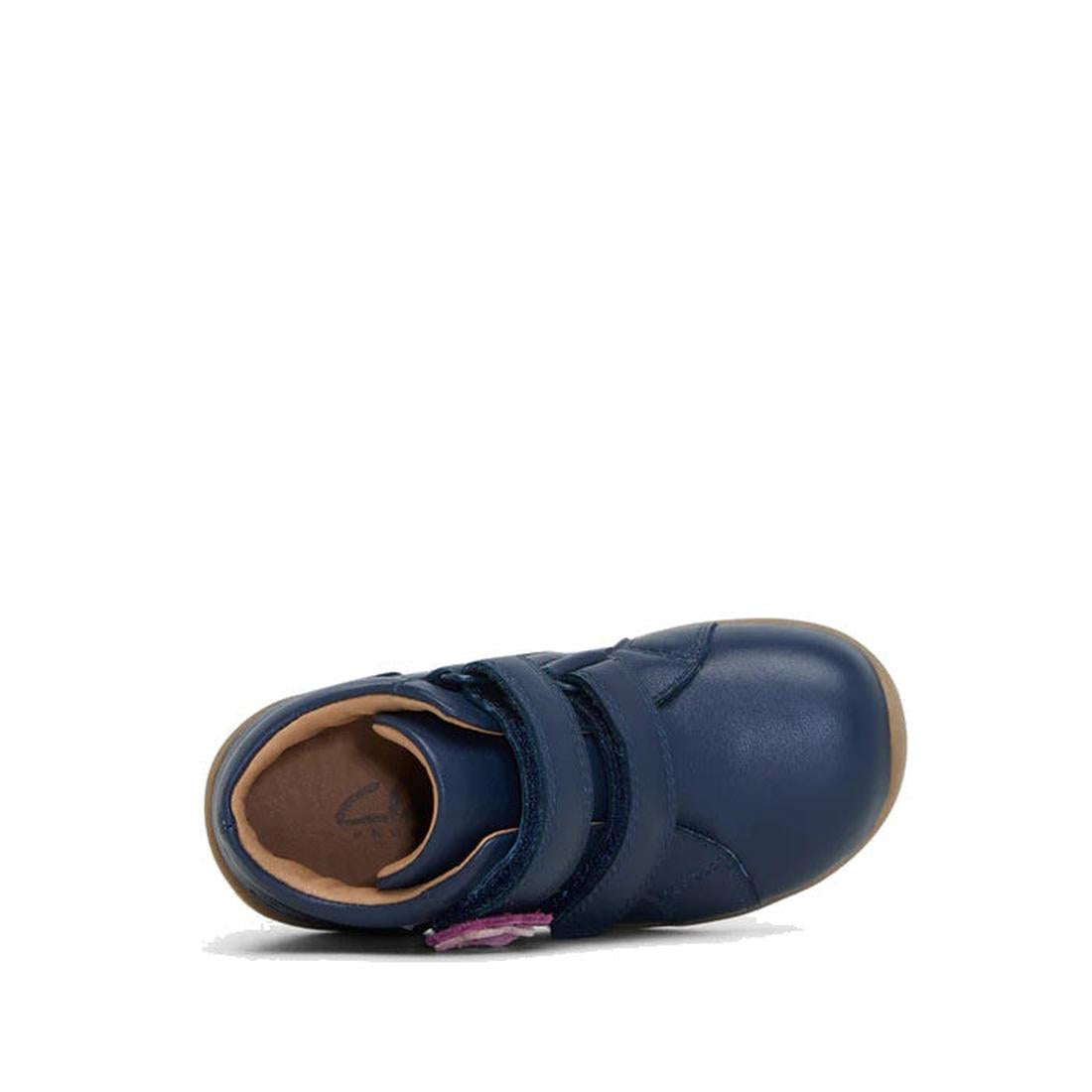 The Clarks Kids Manuela Leather Boot in Navy is a children's shoe with two Velcro straps, a brown inner lining, and a rounded toe—ideal for comfortable everyday wear., 36288, 9336078980168, 9336078980182, 9336078980205, 9336078980229, 9336078980243, 93360