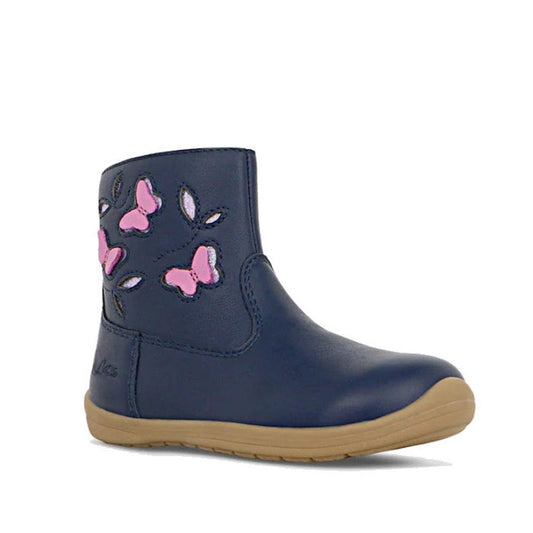 The Clarks Kids Marcela Leather Boot in navy features a leather upper, light brown sole, and pink butterfly accents—perfect boots for little ones.