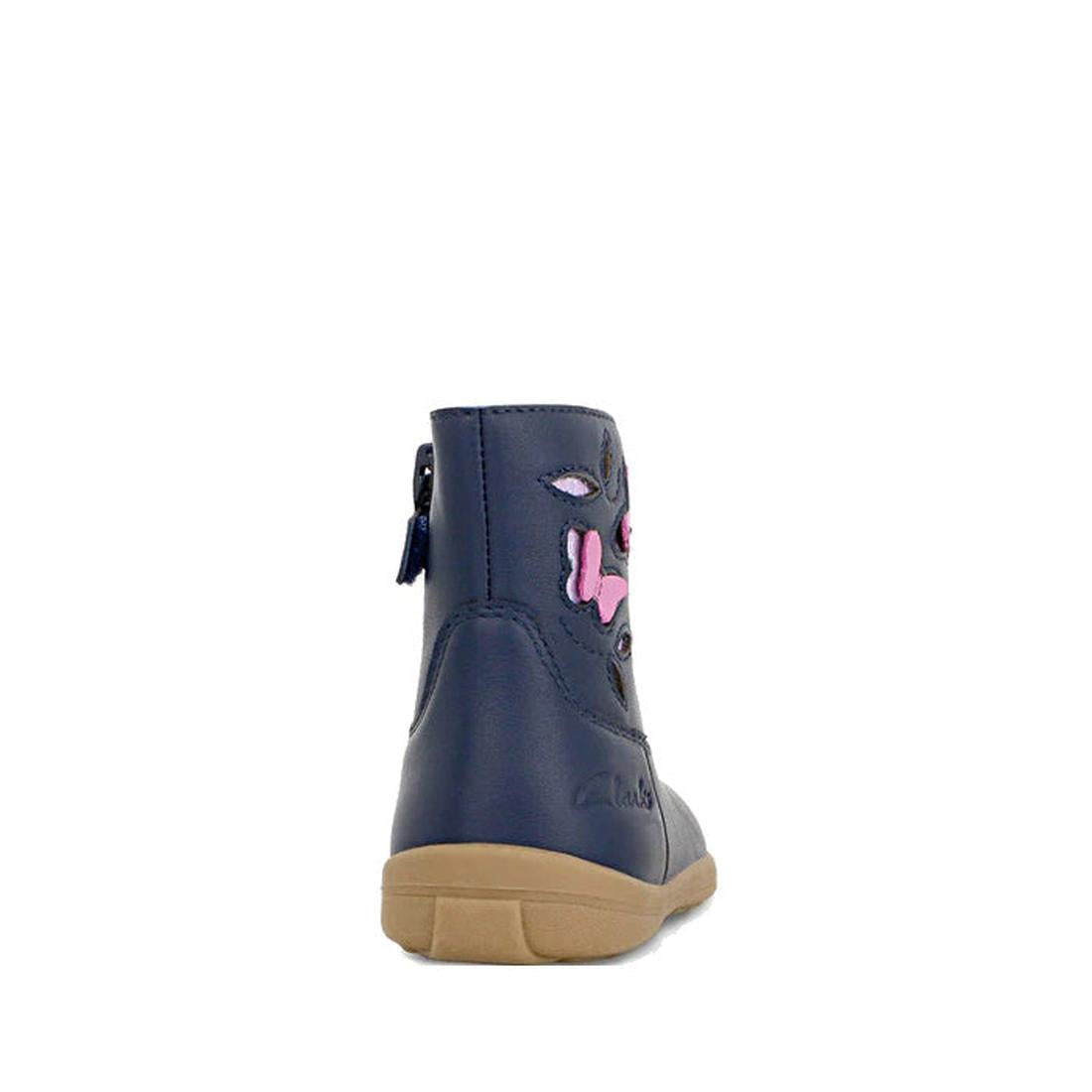 The Clarks Kids Marcela Leather Boot Navy features a leather upper, tan sole, back zipper, and an embroidered animal face with pink, black, and white details on the heel. Designed in a narrow D width—perfect for kids needing a slimmer fit., 36295, 9336078