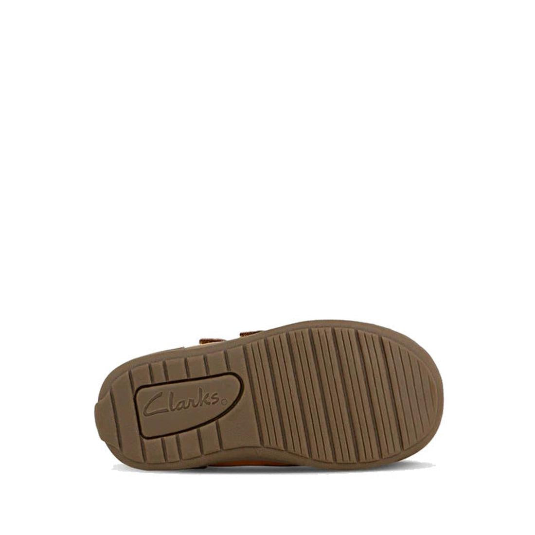 The image shows the bottom view of a Clarks Kids Max Leather Boot Tan with a textured rubber sole, the Clarks logo embossed on the left side, and horizontal grooves for traction—ideal for comfortable toddler footwear., 36319, 9336078984753, 9336078984777,
