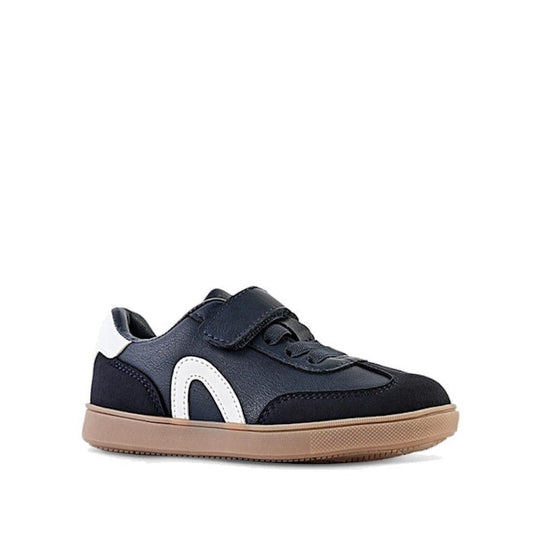 Clarks jasper Navy blue children's shoe with white sole on a white background