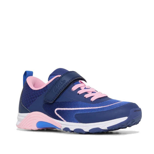 The Clarks North Girls Trainer in Navy Pink (UK Child 13 - UK Youth 6) features pink accents, pink laces, an adjustable strap, breathable mesh lining, and a white-blue sole—ideal for active kids.