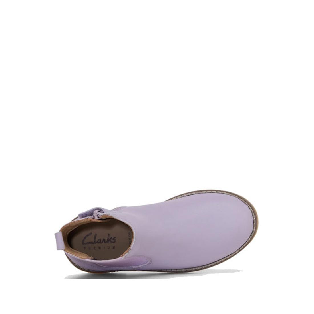 A top view of the Clarks Kids Chelsea II Youths Leather Boot in lilac shows a single genuine leather Chelsea boot with a side zipper, tan stitched sole, branded Clarks insole, and a white background., 9336078964304, 9336078964311, 9336078964328, 933607896