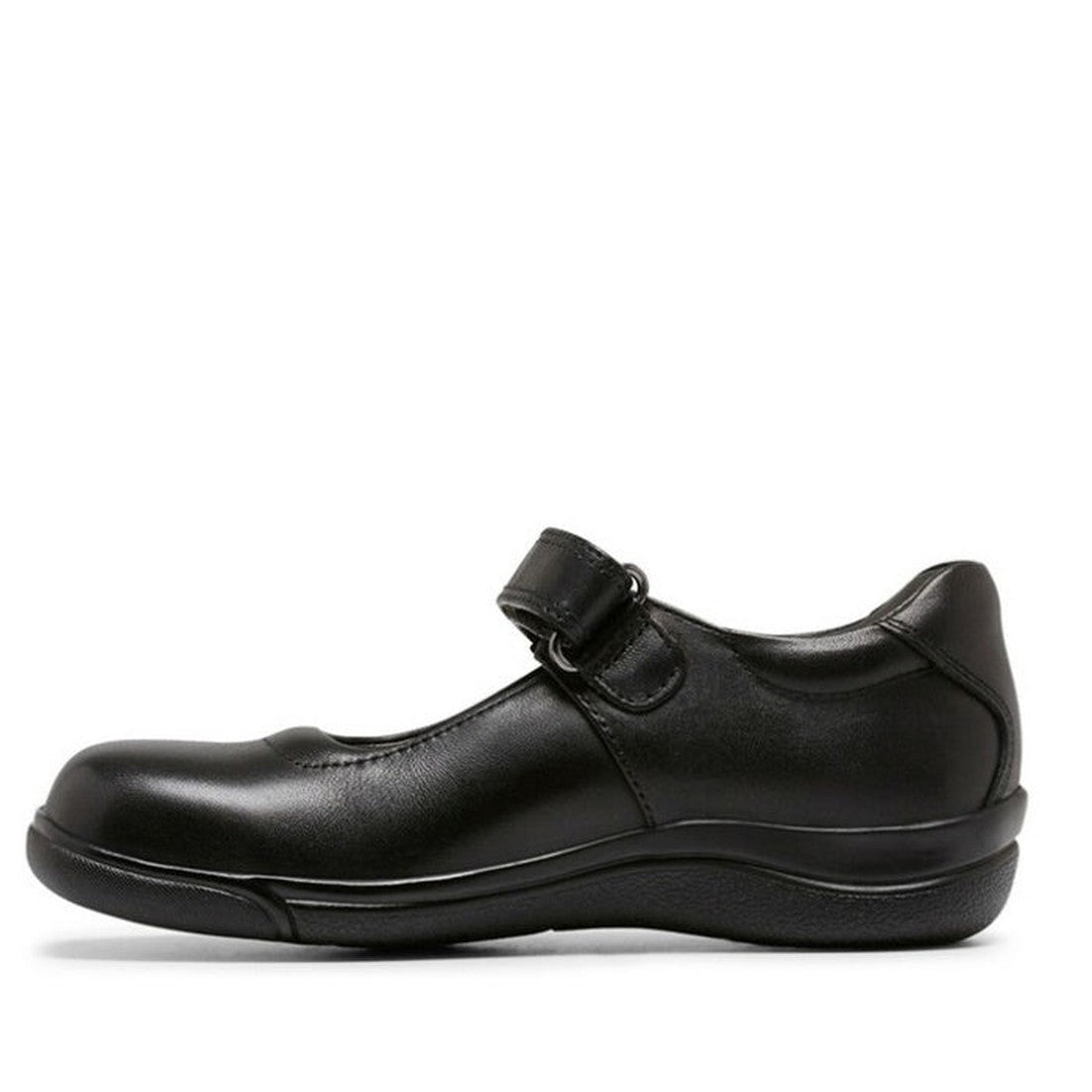 The Clarks Petite D Narrow fit Platinum collection shoe, shown in side profile on a white background, features black premium leather, cow leather lining, a single hook-and-loop strap, and a low curved rubber sole with Active Air Footbed., 9343227777982, 9