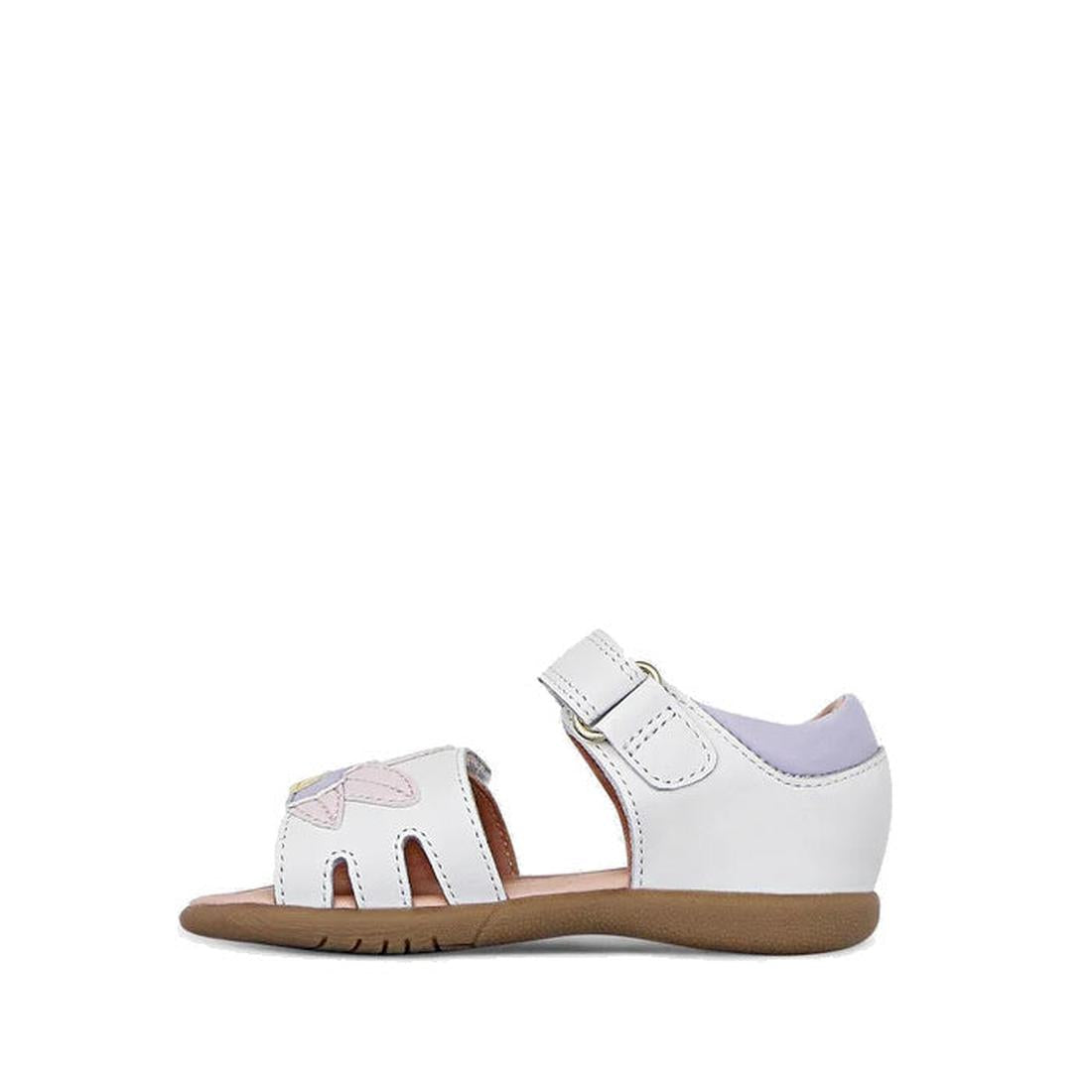 The Clarks Saskia White Toddlers Leather Sandal (E average width) features a closed heel, open toe, pink butterfly design, brown rubber sole, and adjustable strap—ideal comfort for kids. Shown on a plain white background., 40560, 40561, 9336078240422, 933
