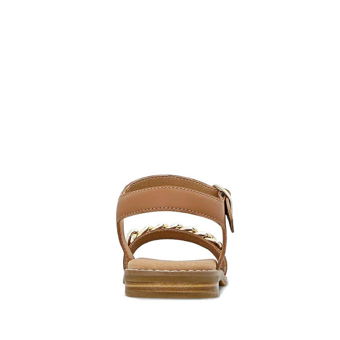 A back view of the Clarks Girls Amy Tan Leather Sandal Special Occasion, featuring a flat sole, adjustable ankle strap, and chic gold chain detail across the middle strap, shown on a white background., 40498, 40499, 40500, 40501, 40502, 40503, 93360782078