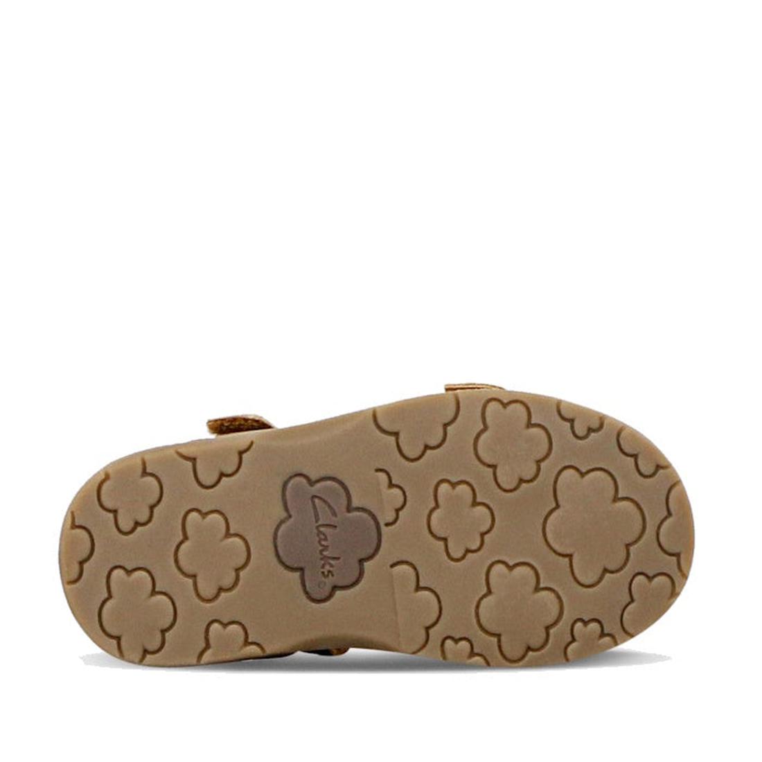 The Clarks Carrie Tan Leather Girls Sandal has a sole with embossed flower patterns and the Clarks logo in the center, making these sandals both stylish and comfortable for everyday wear., 9336078210852, 9336078210890, 9336078210937, 9336078210975, 933607