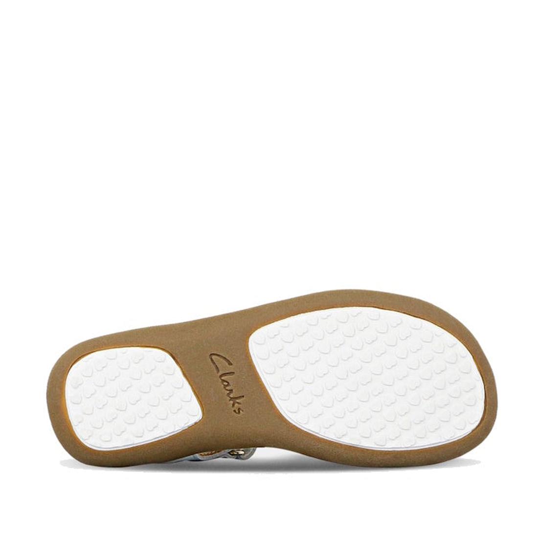 The image shows the sole of the Clarks Girls Pippa White Leather Sandals (E width), with a brown edge, textured white bottom, and "Clarks" near the heel. The sandal features an adjustable fit for enhanced comfort., 9336078233325, 9336078233349, 9336078233