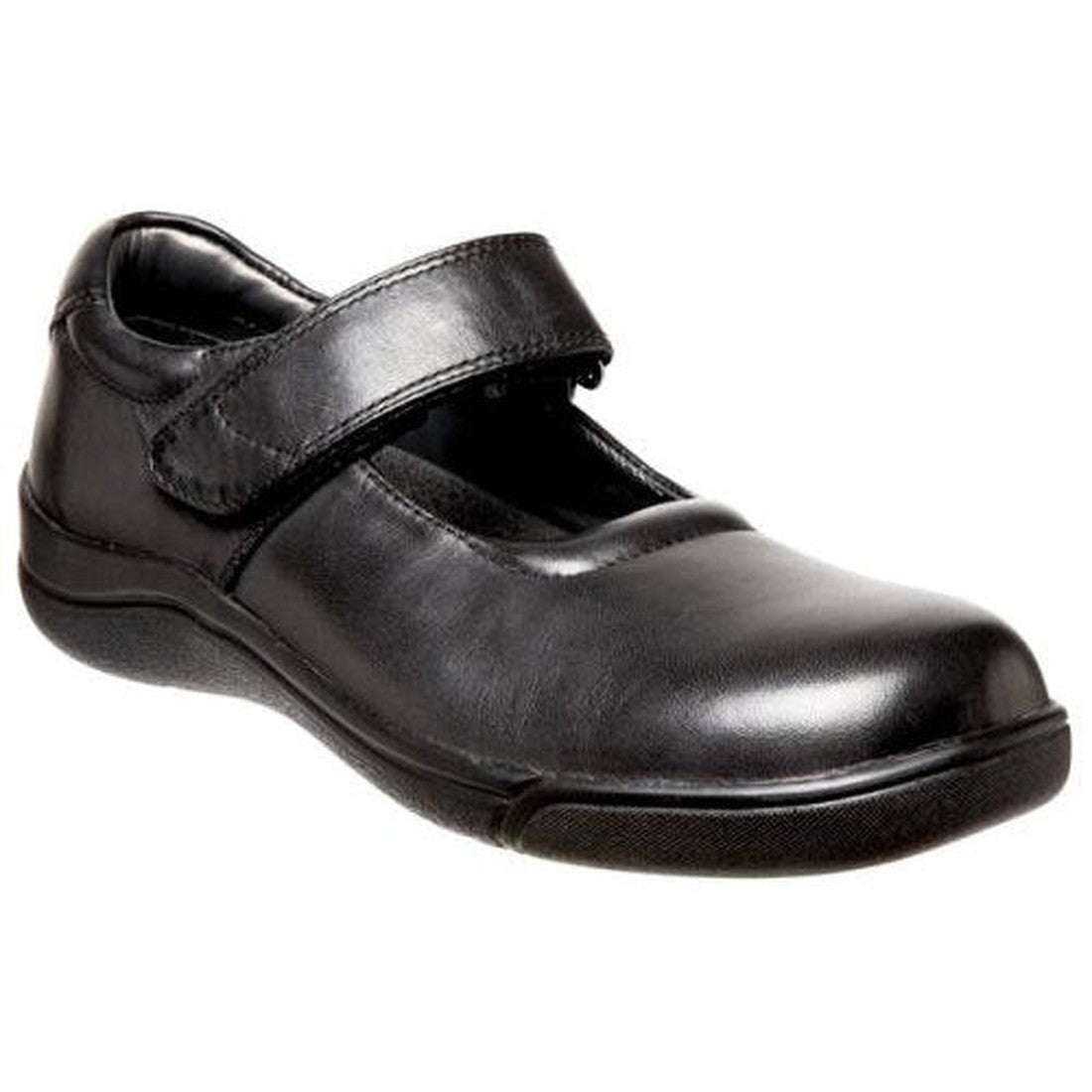 The Clarks - Petite - D Narrow fit - Platinum collection is a black premium leather school shoe with a rounded toe, single Velcro strap, and cow leather lining, featuring the Clarks Active Air Footbed for all-day support.