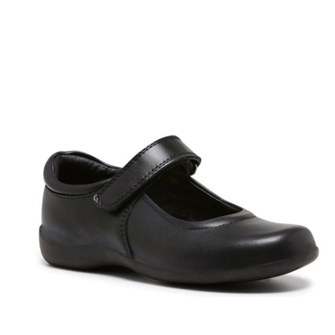 Clarks Elise Velcro Leather School Shoes Mary Jane, black with soft rounded toe, comfy grip sole, and easy Velcro closure for kids.  ksnz