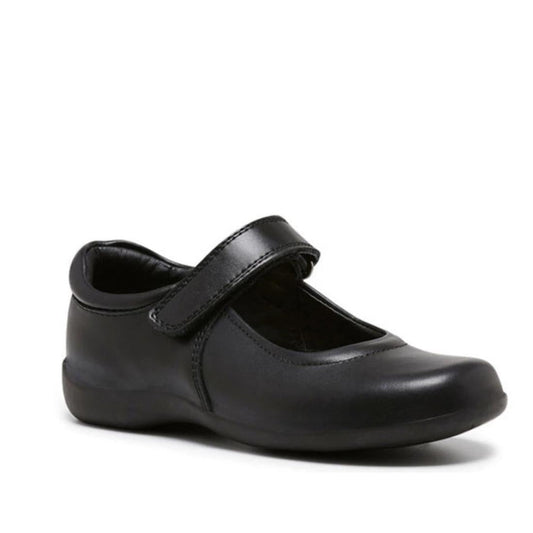 Clarks Elise Velcro Leather School Shoes Mary Jane, black with soft rounded toe, comfy grip sole, and easy Velcro closure for kids.  ksnz