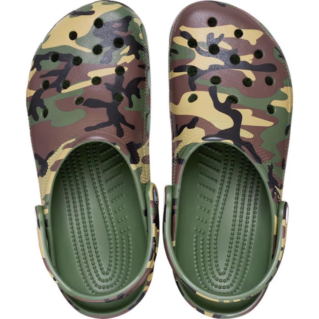 The Crocs Classic Clog Camouflage Adults Unisex features a green, brown, and black camo pattern, ventilation holes, adjustable heel strap, Crocs Comfort technology, and is customizable with Jibbitz charms., 198445244957, 198445244964, 198445244971, 198445
